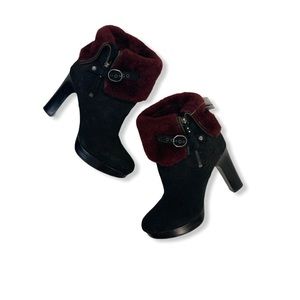 UGG Scarlett Red Fur Heeled Boot Suede Leather Button Strap and Zip Close 7.5
